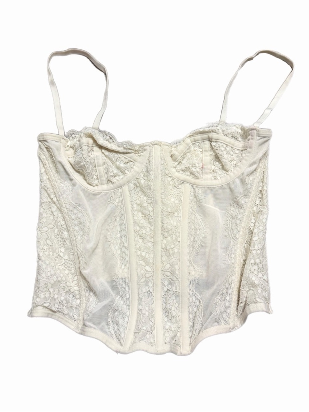 Out From Under Lace/Mesh Boned Corset Bustier Top (Ivory/White) Size Medium